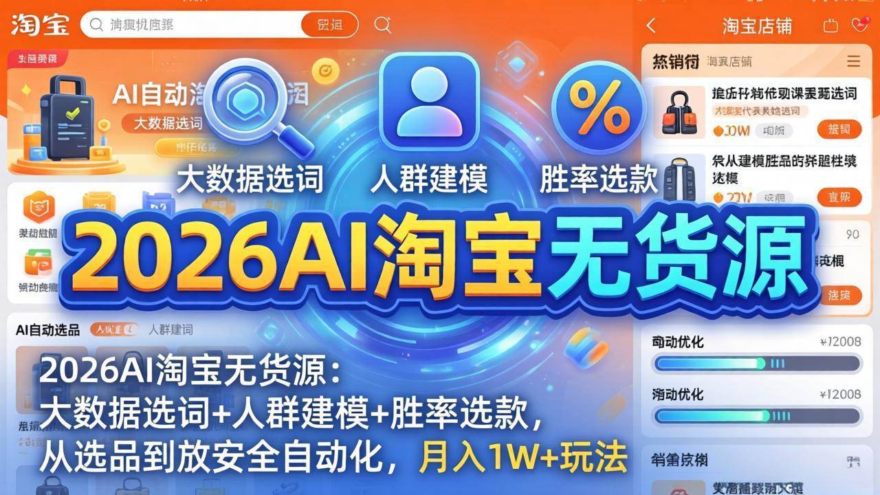 （18046期）2026AI淘宝无货源-4月更新：大数据选词+人群建模+胜率选款，从选品到放大全自动化，月入1W+玩法-小灰云创
