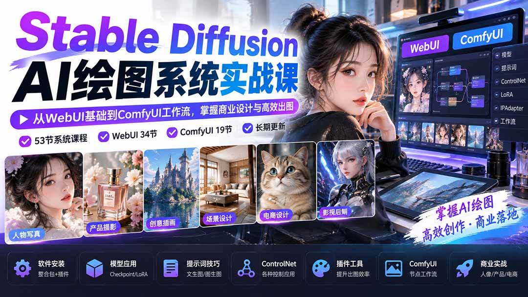 (20678期)Stable Diffusion AI绘图系统实战课:从WebUI基础到ComfyUI工作流,掌握商业设计与高效出图-小灰云创