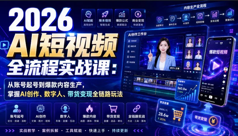 2026 AI短视频全流程实战课：从账号起号到爆款内容生产，掌握AI创作、数字人、带货变现全链路玩法-小灰云创