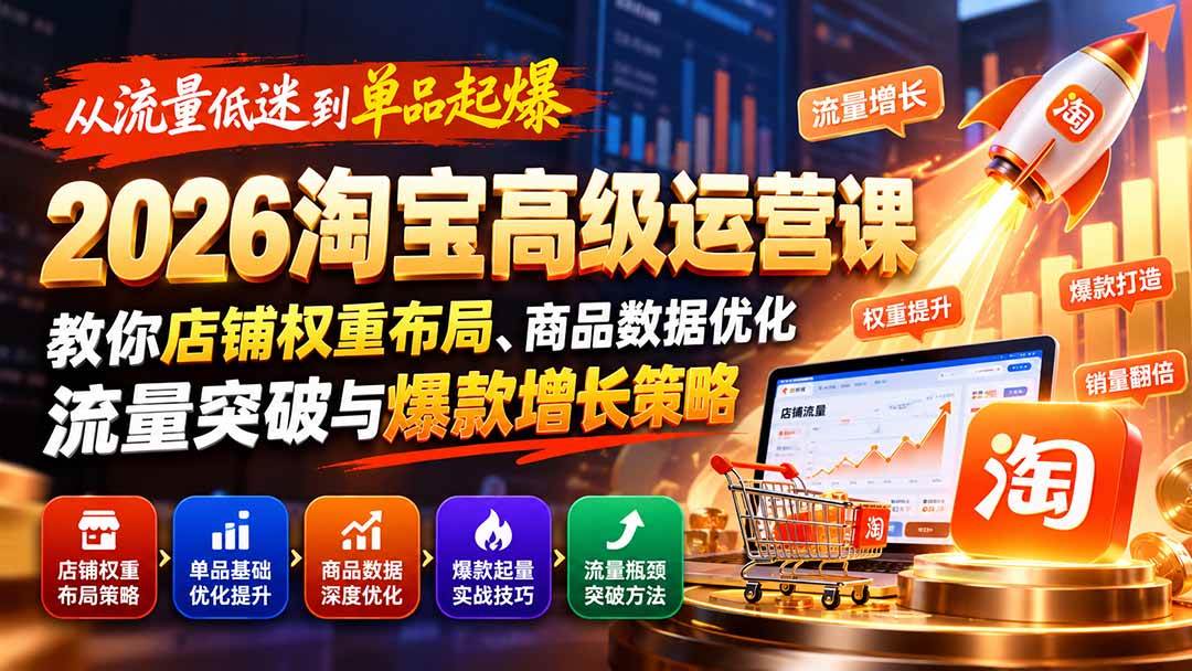 (20952期)从流量低迷到单品起爆:2026淘宝高级运营课教你店铺权重布局、商品数据优化、流量突破与爆款增长策略-小灰云创