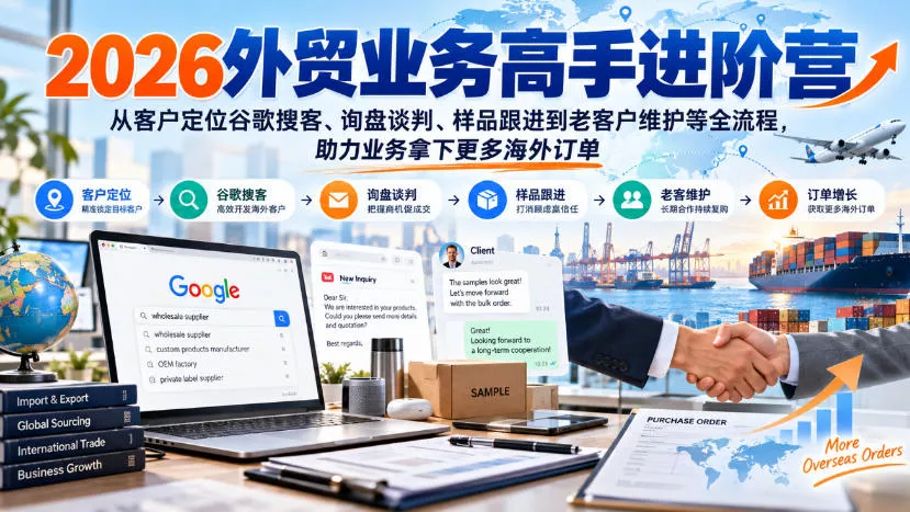 2026外贸业务高手进阶营，从客户定位谷歌搜客、询盘谈判、样品跟进到老客户维护等全流程，助力业务拿下更多海外订单-小灰云创