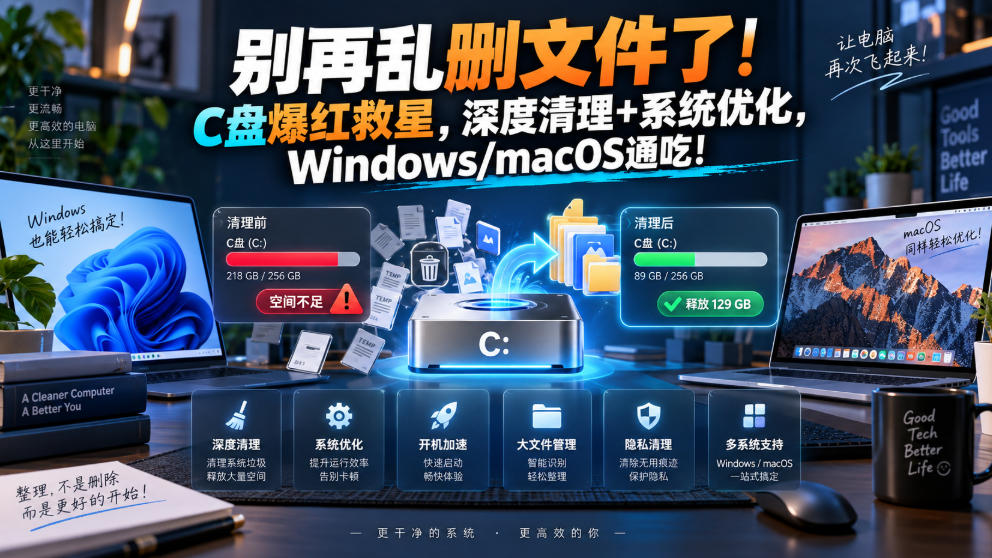 别再乱删文件了！C盘爆红救星，深度清理+系统优化，Windows/macOS通吃！-小灰云创