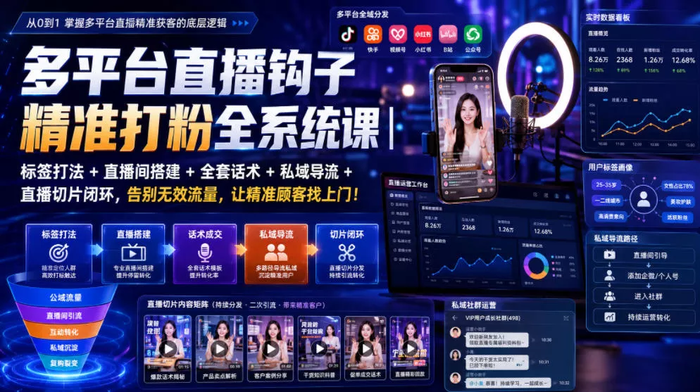 多平台直播钩子精准打粉全系统课|标签打法+直播间搭建+全套话术+私域导流+直播切片闭环,告别无效流量,让精准顾客找上门!-小灰云创