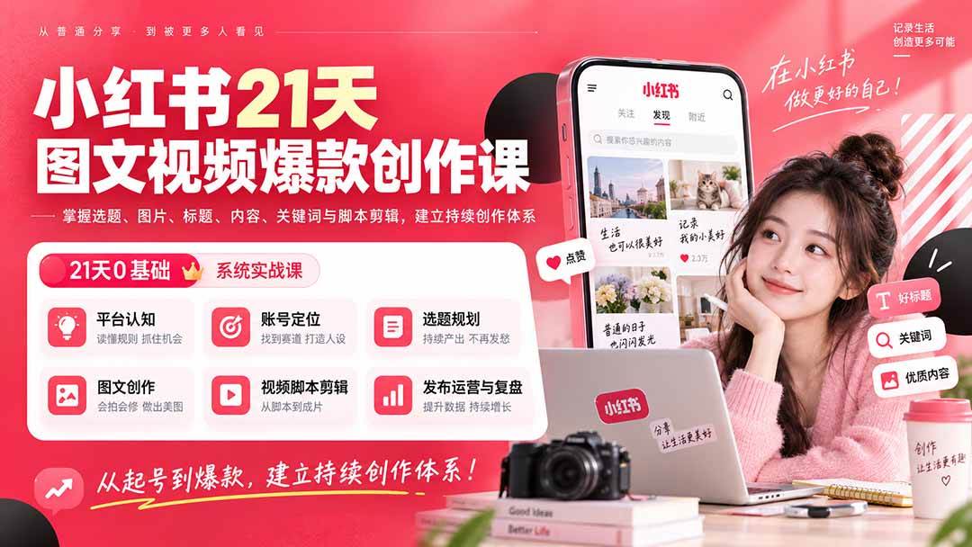 （20341期）小红书21天图文视频爆款创作课：掌握选题、图片、标题、内容、关键词与脚本剪辑，建立持续创作体系-小灰云创