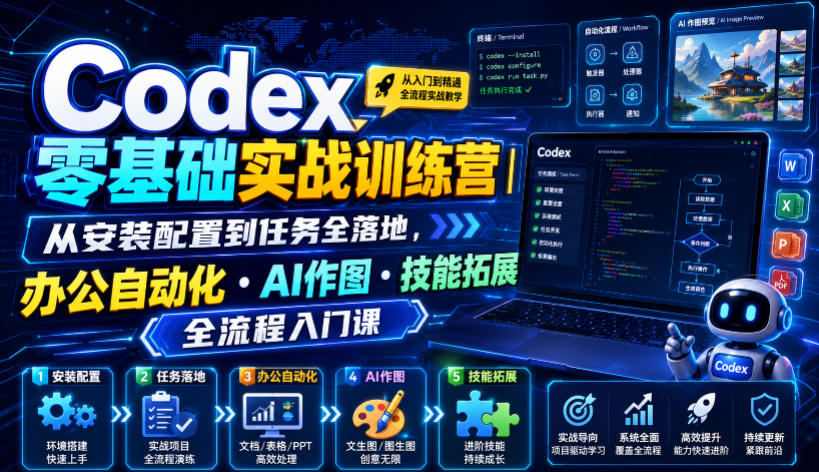 Codex零基础实战训练营｜从安装配置到任务全落地，办公自动化・AI作图・技能拓展全流程入门课-小灰云创