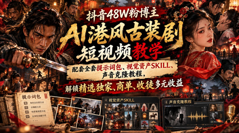 抖音48W粉博主AI港风古装剧短视频教学,配套全套提示词包、视觉资产SKILL、声音克隆教程,解锁精选独家、商单、收徒多元收益-小灰云创