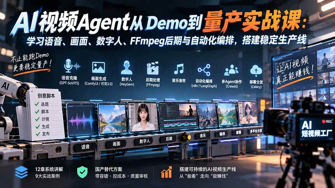 (20451期)AI视频Agent从Demo到量产实战课:学习语音、画面、数字人、FFmpeg后期与自动化编排,搭建稳定生产线-小灰云创
