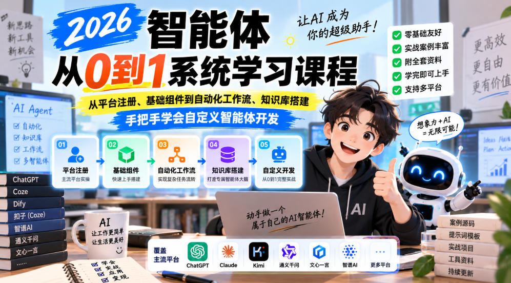 2026智能体从0到1系统学习课程,从平台注册、基础组件到自动化工作流、知识库搭建,手把手学会自定义智能体开发-小灰云创