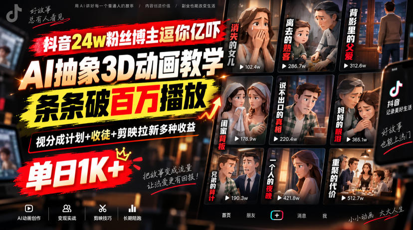抖音24w粉丝博主逗你亿吓AI抽象3D动画教学,条条破百万播放,分成计划+收徒+剪映拉新多种收益,单日1K+-小灰云创