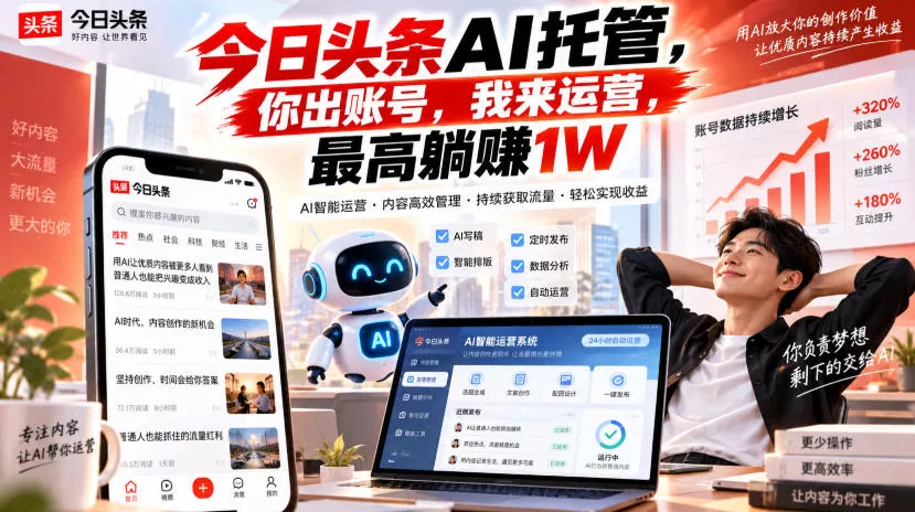 今日头条AI托管，你出账号，我来运营，最高躺賺1W【揭秘】-小灰云创