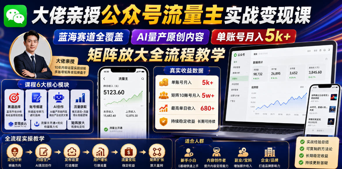 大佬亲授公众号流量主实战变现课，蓝海赛道全覆盖，AI量产原创内容，单账号月入5k+矩阵放大全流程教学-小灰云创