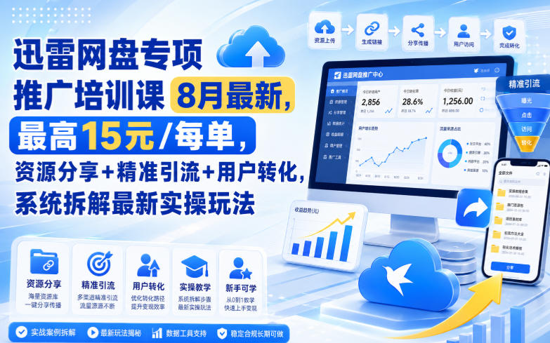 迅雷网盘专项推广培训课8月最新，最高15米/每单，资源分享+精准引流+用户转化，系统拆解最新实操玩法（更新0819）-小灰云创