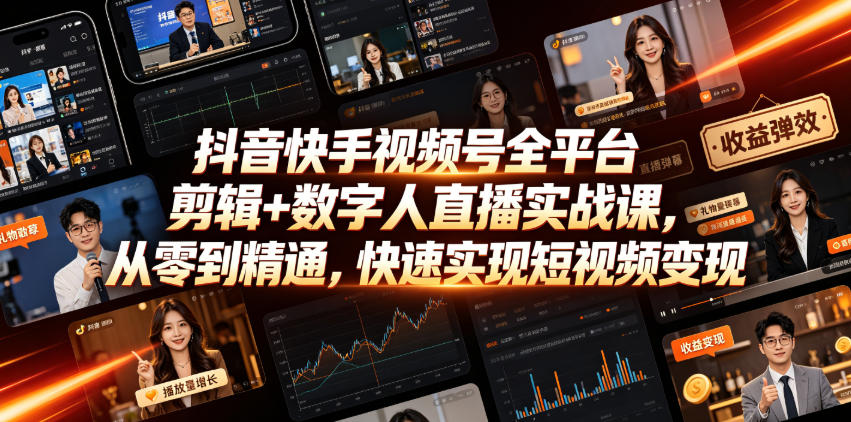 抖音快手视频号全平台剪辑+数字人直播实战课，从零到精通，快速实现短视频变现(更新2026年10月)-小灰云创