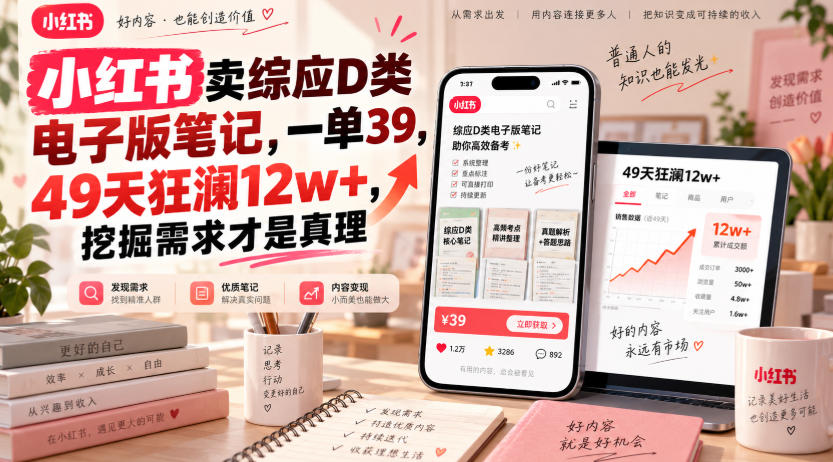 小红书卖综应D类电子版笔记，一单39，49天狂澜12w+，挖掘需求才是真理-小灰云创