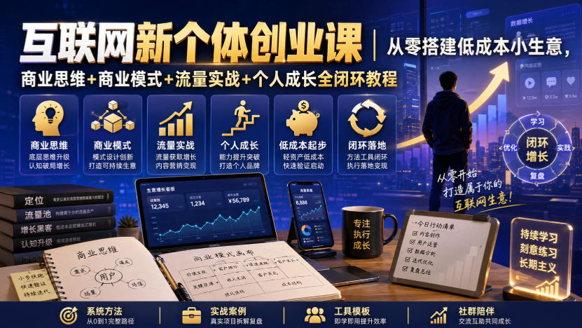 互联网新个体创业课｜从零搭建低成本小生意，商业思维+商业模式+流量实战+个人成长全闭环教程-小灰云创