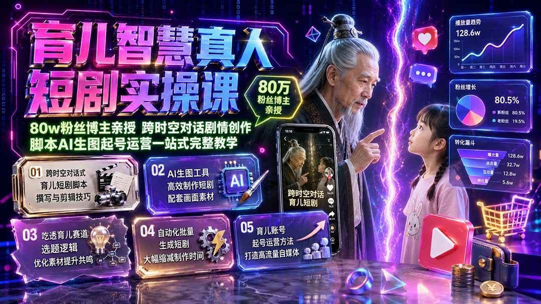 （19663期）育儿智慧真人短剧实操课｜80w粉丝博主亲授，跨时空对话剧情创作，脚本AI生图起号运营一站式完整教学-小灰云创