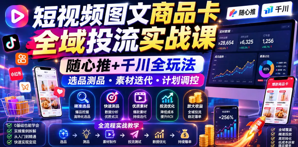 短视频图文商品卡全域投流实战课，随心推+千川全玩法，选品测品・素材迭代・计划调控，提升ROI爆单增收教程-小灰云创