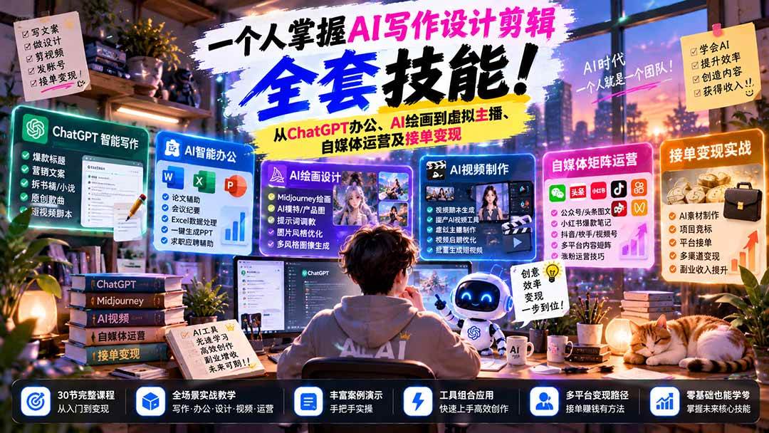 (21029期)一个人掌握AI写作设计剪辑全套技能:从ChatGPT办公、AI绘画到虚拟主播、自媒体运营及接单变现-小灰云创