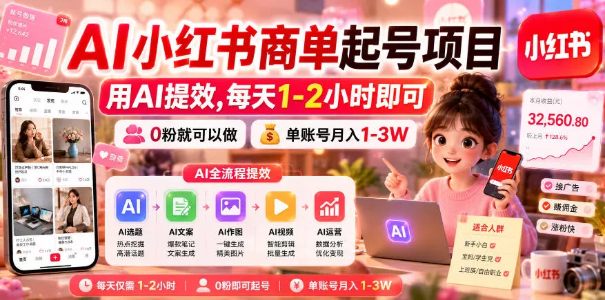 AI小红书商单起号项目,用AI提效,每天1-2小时即可,0粉就可以做,单账号月入1-3W-小灰云创