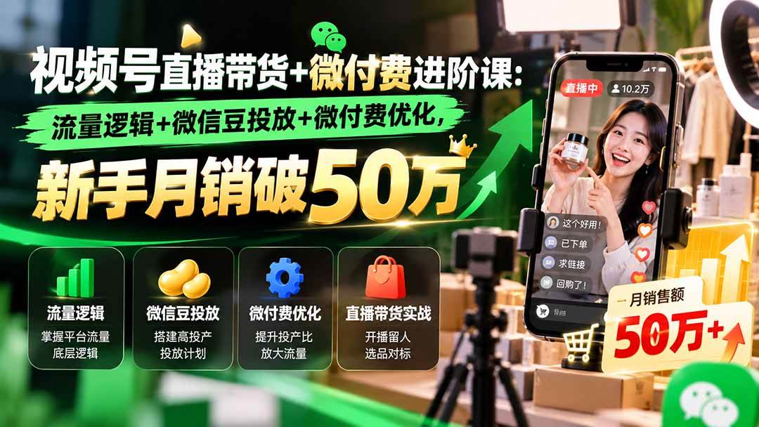 (20886期)视频号直播带货+微付费进阶课-更新1010:流量逻辑+微信豆投放+微付费优化,新手月销破50万-小灰云创