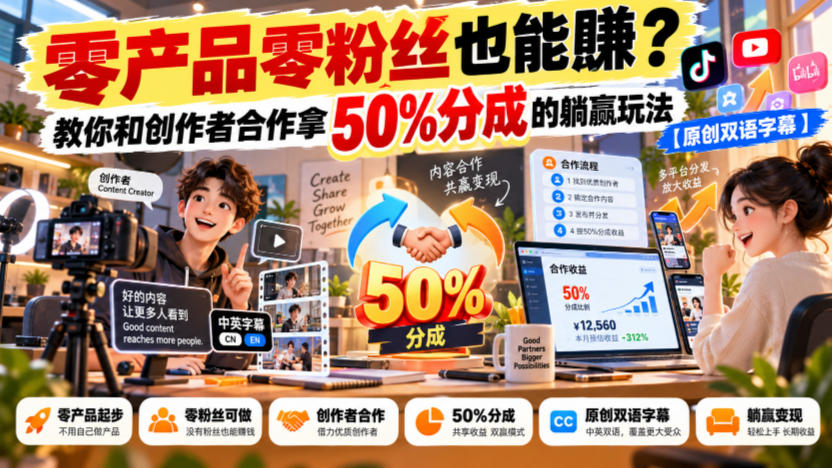 【无水印】零产品零粉丝也能賺?教你和创作者合作拿50%分成的躺赢玩法【原创双语字幕】-小灰云创
