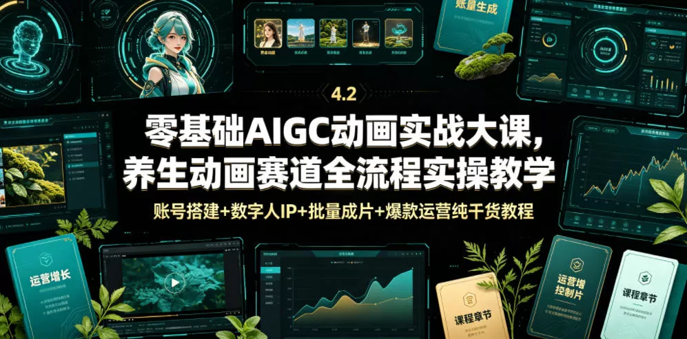 零基础AIGC动画实战大课，养生动画赛道全流程实操教学，账号搭建+数字人IP+批量成片+爆款运营纯干货教程-小灰云创