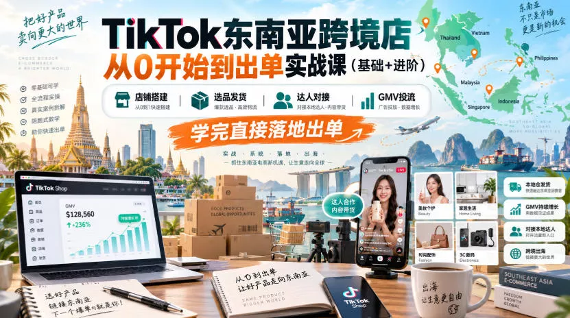 TikTok东南亚跨境店从0开始到出单实战课(基础+进阶),店铺搭建、选品发货、达人对接、GMV投流,学完直接落地出单-小灰云创