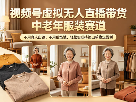 视频号虚拟无人直播带货中老年服装赛道，不用真人出镜、不用租场地，轻松实现持续出单稳定盈利-小灰云创