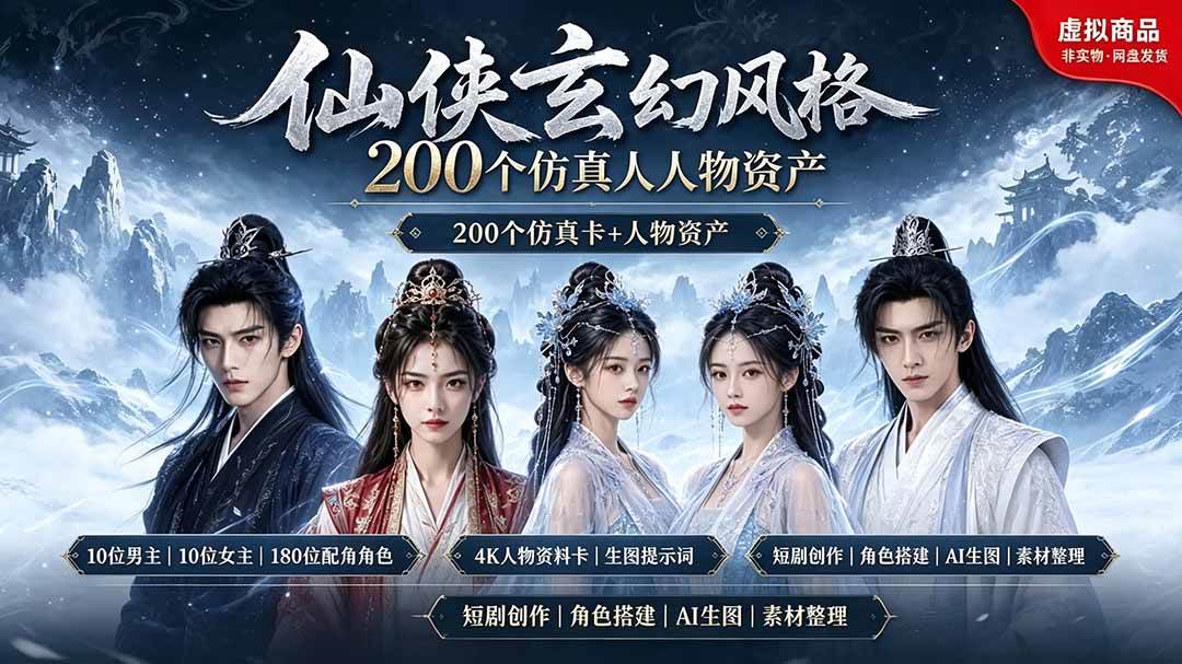 (19301期)200个仙侠玄幻仿真人素材◆10男主×10女主×180配角,4K资料卡+AI生图提示词,漫剧必备-小灰云创