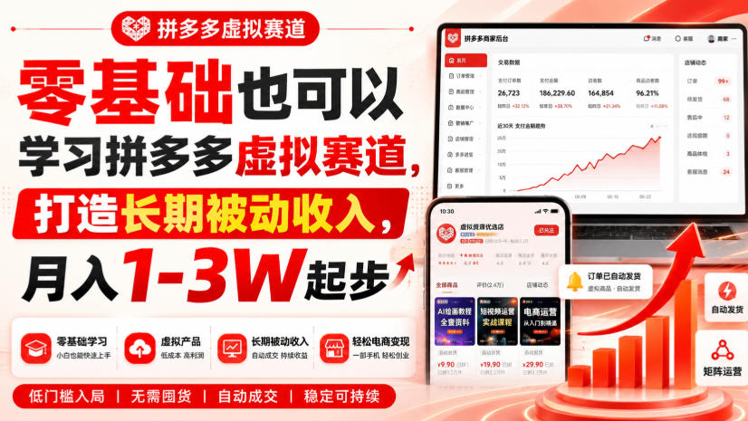 零基础也可以学习拼多多虚拟赛道，打造长期被动收入，月入1-3W起步-小灰云创