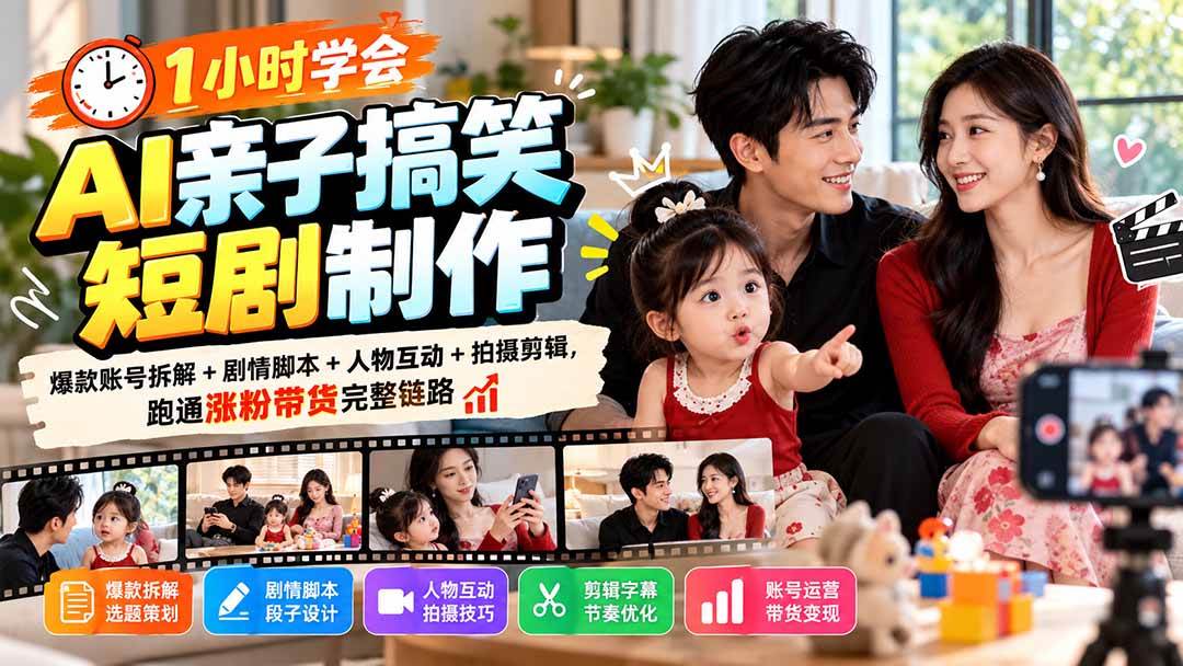 （20807期）1小时学会AI亲子搞笑短剧制作：爆款账号拆解+剧情脚本+人物互动+拍摄剪辑，跑通涨粉带货完整链路-小灰云创