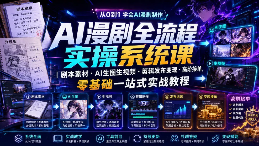 AI漫剧全流程实操系统课｜剧本素材・AI生图生视频・剪辑发布变现・高阶接单，零基础一站式实战教程(更新1027)-小灰云创