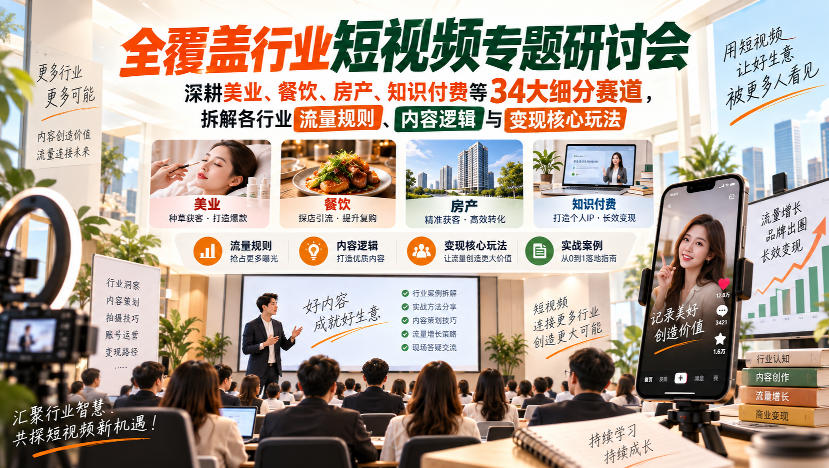 短视频专题研讨会，深耕美业、餐饮、房产、知识付费等34大细分赛道，拆解各行业流量规则、内容逻辑与变现核心玩法-小灰云创