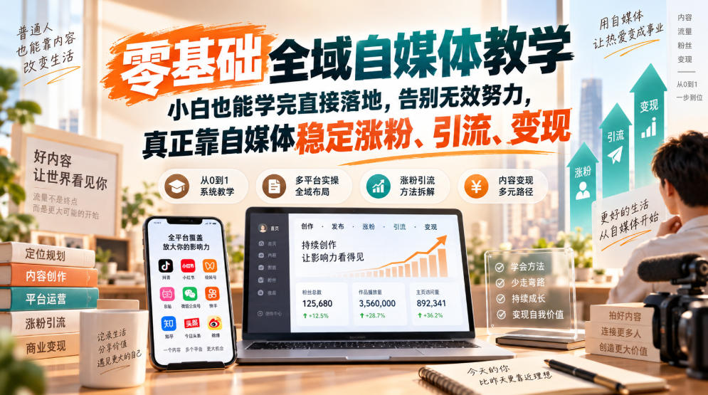 零基础全域自媒体教学，小白也能学完直接落地，告别无效努力，真正靠自媒体稳定涨粉、引流、变现-小灰云创