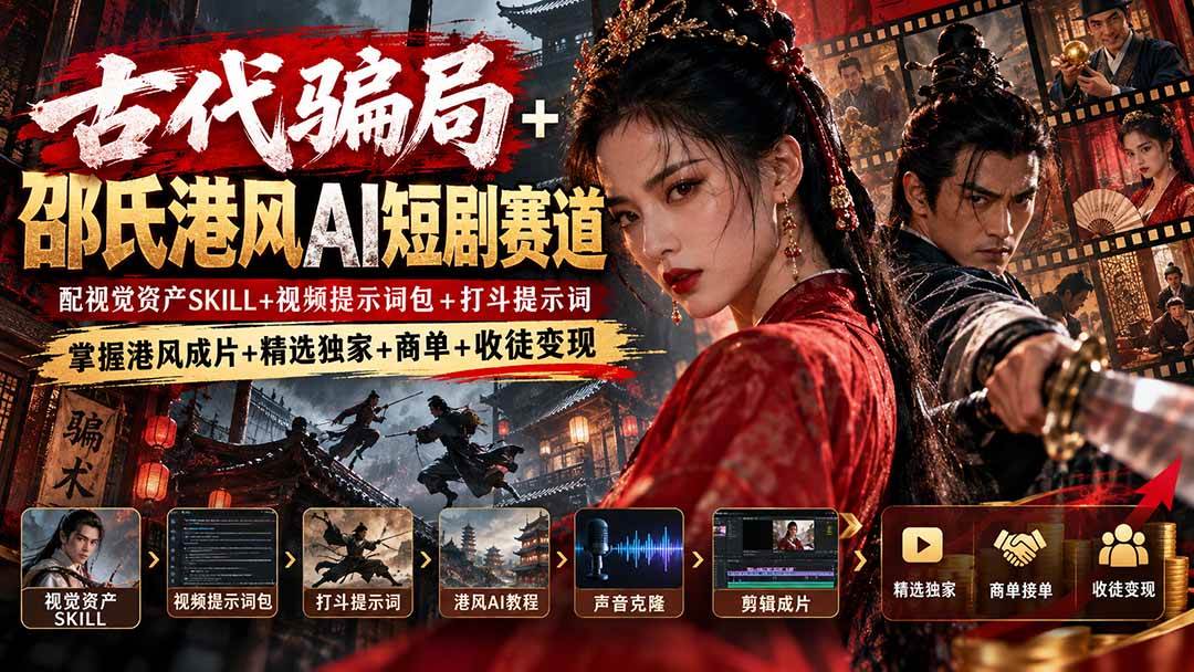 (20684期)古代骗局+邵氏港风AI短剧赛道:配视觉资产SKILL+视频提示词包+打斗提示词,掌握港风成片+精选独家+商单+收徒变现-小灰云创