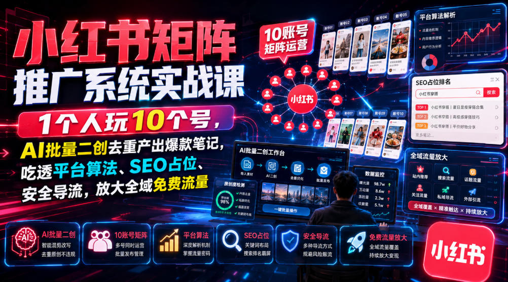 小红书矩阵推广系统实战课｜1个人玩10个号，AI批量二创去重产出爆款笔记，吃透平台算法、SEO占位、安全导流，放大全域免费流量-小灰云创