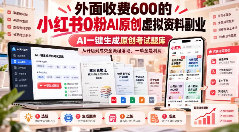 外面收费600的小红书0粉AI原创虚拟资料副业,AI一键生成原创考试题库,从开店到成交全流程落地,一单全是利润 外面收费600的小红书0粉AI原创虚拟资料副业,AI一键生成原创考试题库,从开店到成交全流程落地,一单全是利润