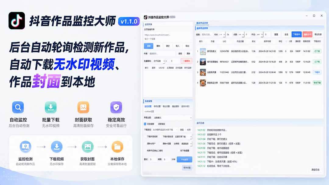 （19793期）抖音作品监控大师v1.1.0：后台自动轮询检测新作品，自动下载无水印视频、作品封面到本地-小灰云创