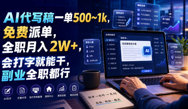 AI代写稿一单500~1k，免费派单，全职月入2W+，会打字就能干，副业全职都行【揭秘】-小灰云创