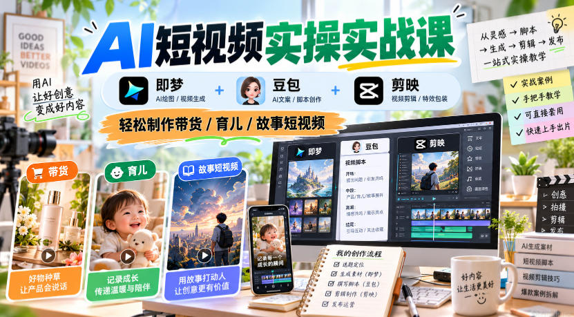 AI短视频实操实战课,即梦+豆包+剪映,轻松制作带货/育儿/故事短视频 AI短视频实操实战课,即梦+豆包+剪映,轻松制作带货/育儿/故事短视频