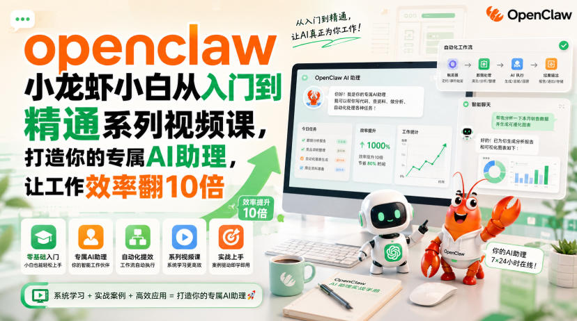openclaw小龙虾小白从入门到精通系列视频课，打造你的专属AI助理，让工作效率翻10倍-小灰云创