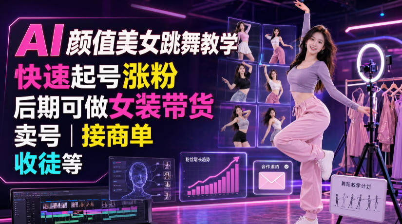 AI颜值美女跳舞教学，快速起号涨粉，后期可做女装带货，卖号，接商单，收徒等-小灰云创