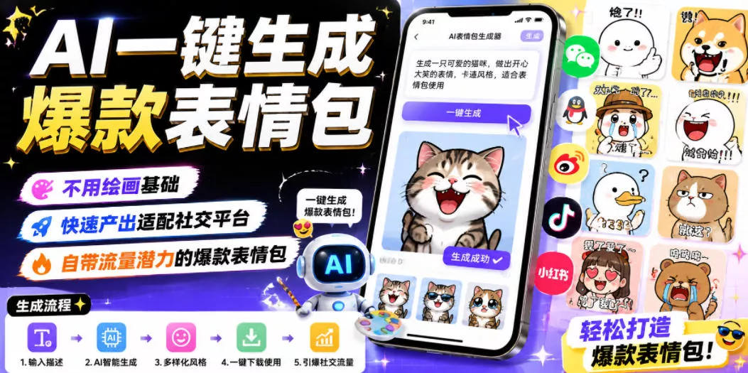 AI一键生成爆款表情包,不用绘画基础,快速产出适配社交平台,自带流量潜力的爆款表情包-小灰云创
