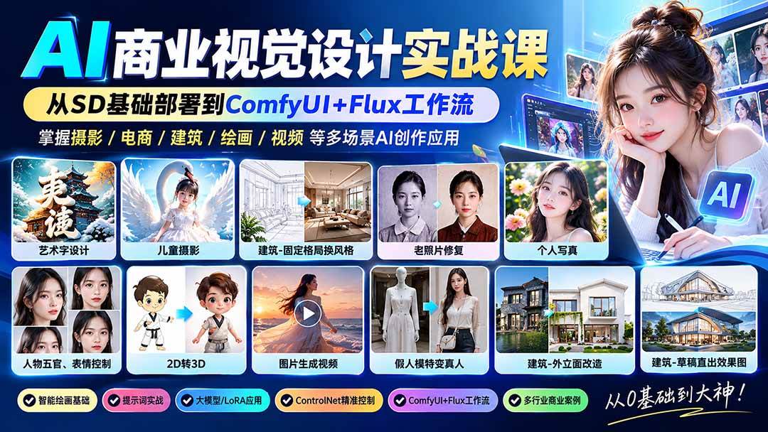 (20824期)【无水印】AI商业视觉设计实战课:从SD基础部署到ComfyUI+Flux工作流,掌握摄影电商建筑AI创作 (20824期)【无水印】AI商业视觉设计实战课:从SD基础部署到ComfyUI+Flux工作流,掌握摄影电商建筑AI创作