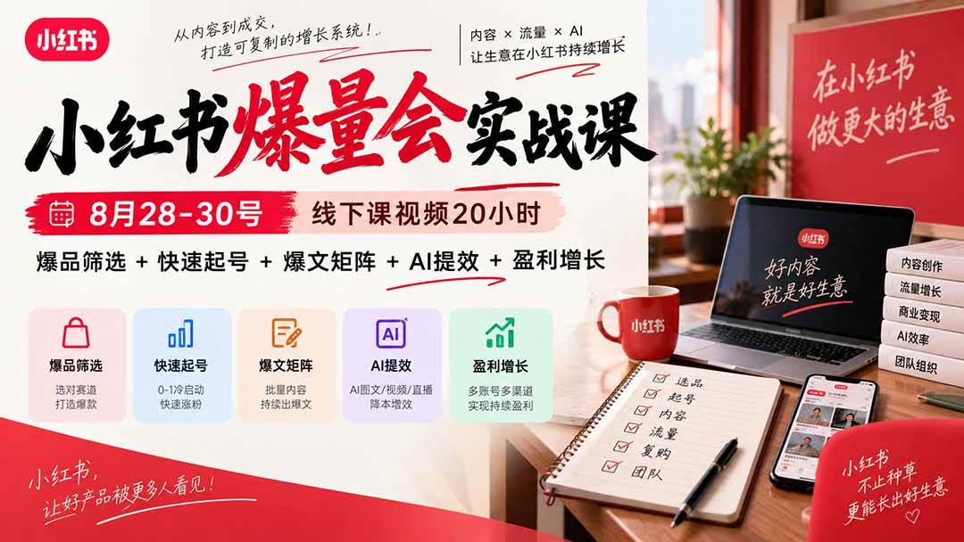 （20359期）小红书爆量会实战课：8月28-30号线下课视频20小时，爆品筛选+快速起号+爆文矩阵+AI提效+盈利增长-小灰云创