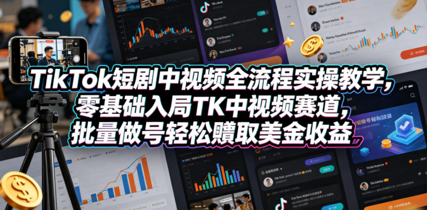 TikTok短剧中视频全流程实操教学,零基础入局TK中视频赛道,批量做号轻松賺取美金收益-小灰云创