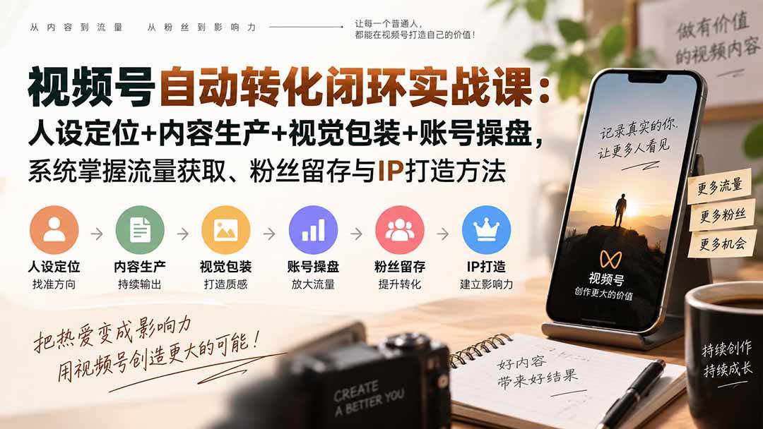 (20327期)视频号自动转化闭环实战课:人设定位+内容生产+视觉包装+账号操盘,系统掌握流量获取、粉丝留存与IP打造方法-小灰云创