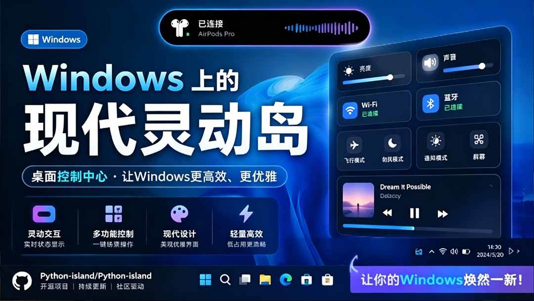 （19104期）Windows也能拥有桌面灵动岛！现代化的系统控制中心，让你的电脑多个黑刘海，PyIsland-小灰云创