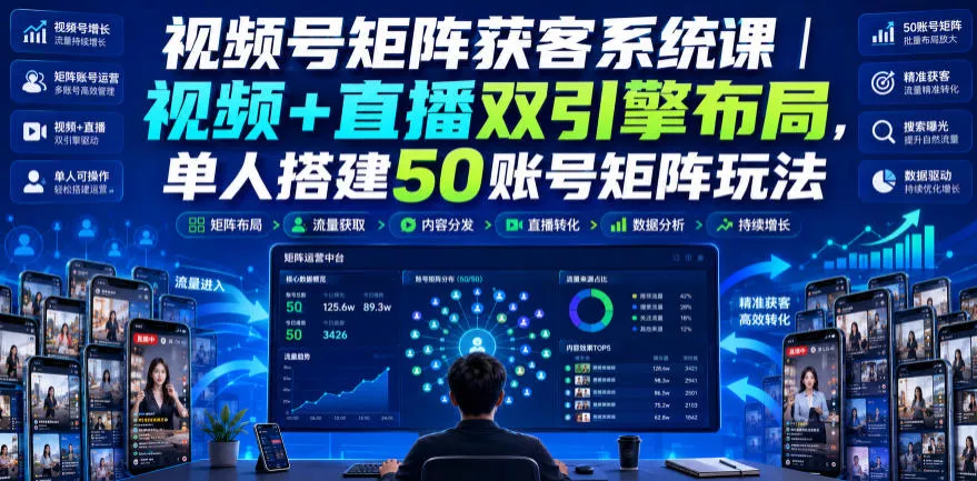 视频号矩阵获客系统课｜视频+直播双引擎布局，单人搭建50账号矩阵玩法，流量入池、搜索占位、全域引流沉淀私域全流程教学-小灰云创