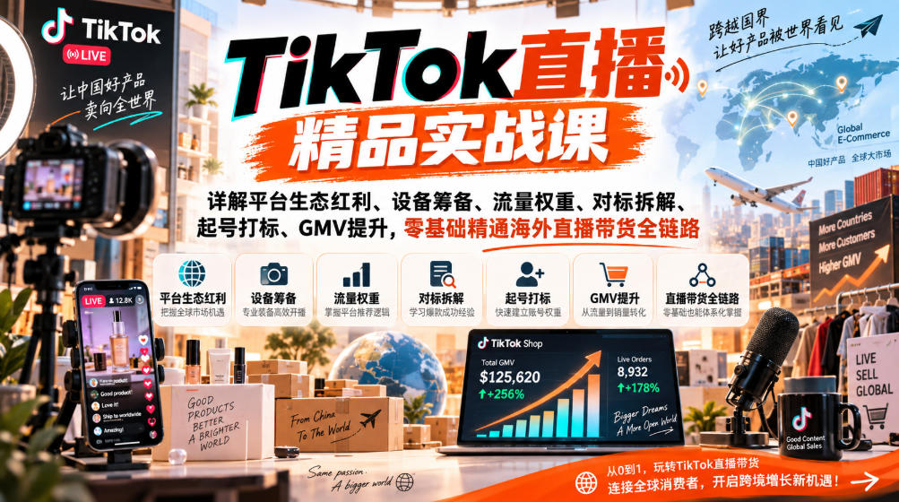 TikTok直播精品实战课,详解平台生态红利、设备筹备、流量权重、对标拆解、起号打标、GMV提升,零基础精通海外直播带货全链路-小灰云创